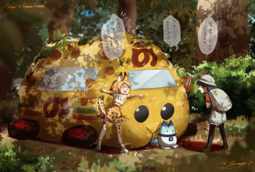 2girls afterimage animal_ears animal_print aznmeee backpack bag bare_shoulders black_gloves black_legwear boots bow bowtie brown_footwear commentary_request crossover elbow_gloves gloves grey_shorts guinea_pig hat_feather helmet high-waist_skirt highres japari_bus japari_symbol kaban_(kemono_friends) kemono_friends loafers lucky_beast_(kemono_friends) molcar multiple_girls pantyhose pith_helmet print_gloves print_legwear print_neckwear print_skirt pui_pui_molcar red_shirt serval_(kemono_friends) serval_tail shirt shoes short_sleeves shorts skirt sleeveless t-shirt tail tail_wagging thighhighs translation_request white_footwear white_shirt zettai_ryouiki