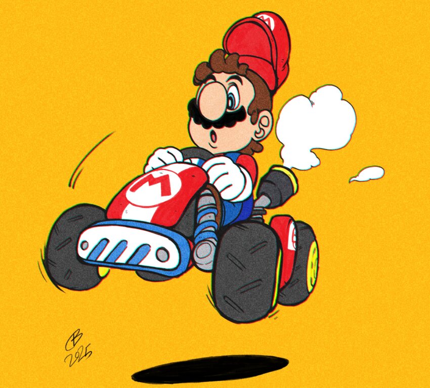 1boy 2025 :o blue_overalls brown_hair chromatic_aberration commentary driving english_commentary facial_hair film_grain floating_hat full_body gloves go-kart hat highres long_sleeves male_focus mario mario_(series) mario_kart mario_kart_world motion_lines mustache nintendo open_mouth overalls red_hat red_shirt shirt short_hair signature simple_background solo steering_wheel takkun_(takkun_art) white_gloves yellow_background