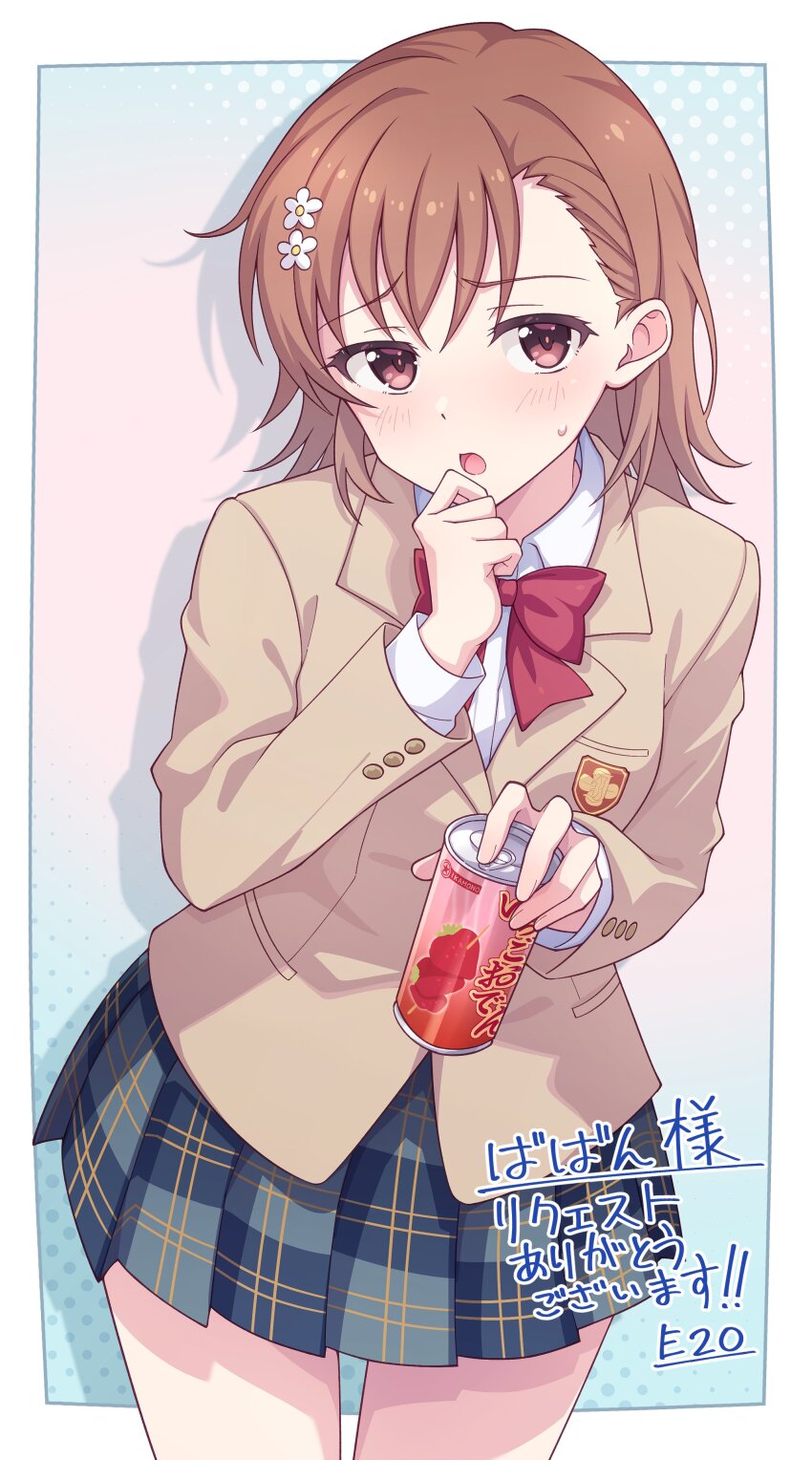 1girl absurdres asymmetrical_bangs blazer blush bow bowtie brown_eyes brown_hair brown_jacket can commentary_request hair_behind_ear hair_ornament highres holding holding_can jacket kanmiya_shinobu long_sleeves looking_at_viewer medium_hair misaka_mikoto open_mouth plaid_clothes plaid_skirt red_bow red_bowtie school_emblem school_uniform shirt simple_background skirt solo toaru_kagaku_no_railgun toaru_majutsu_no_index tokiwadai_school_uniform white_shirt winter_uniform