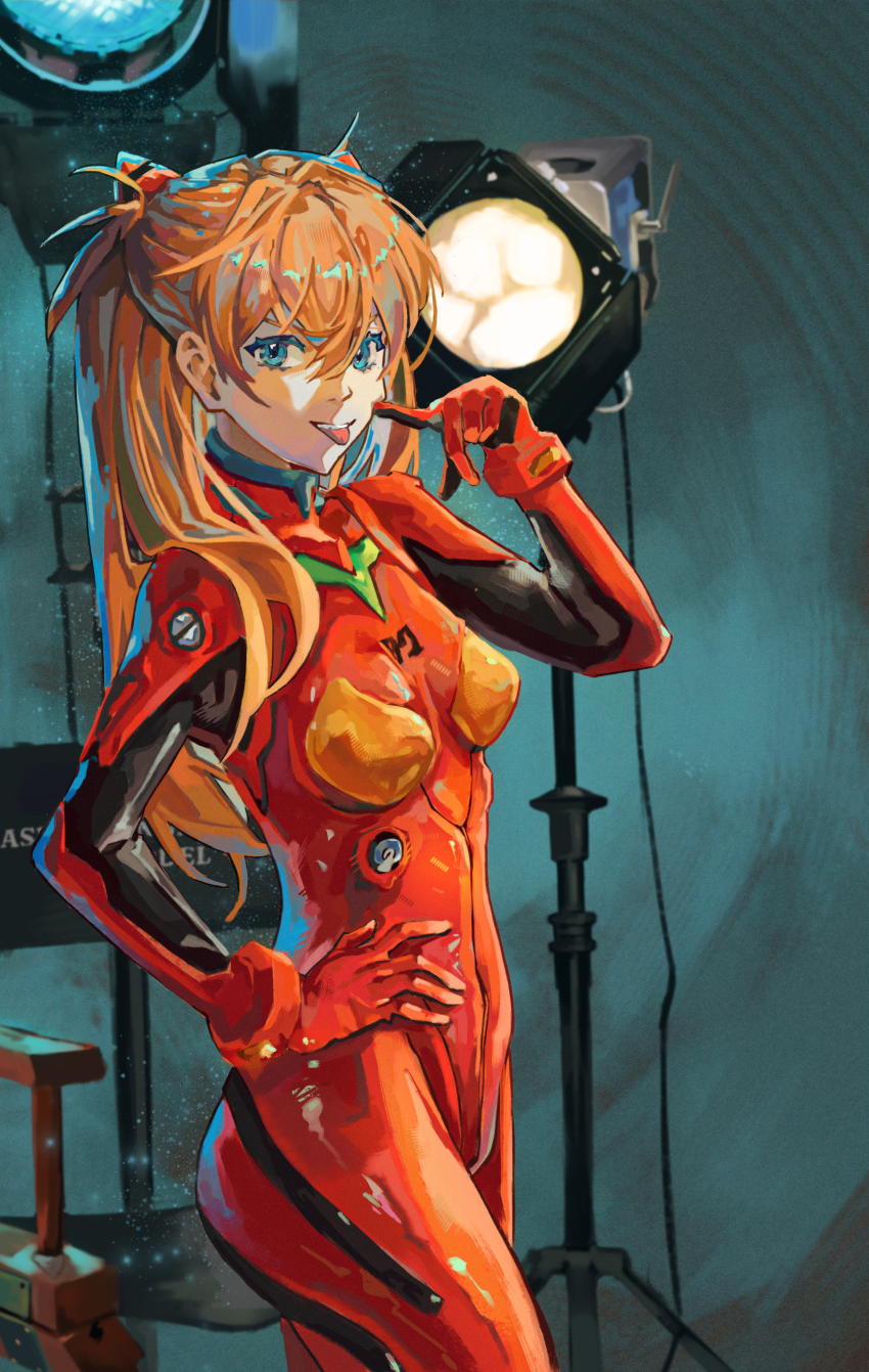 1girl artist_request blue_eyes bodysuit breasts brown_hair cowboy_shot gloves hair_between_eyes hand_on_own_hip highres interface_headset_(evangelion) long_hair looking_at_viewer mecha_pilot_suit medium_breasts neon_genesis_evangelion open_mouth plugsuit_(evangelion) red_bodysuit shiny_clothes simple_background solo souryuu_asuka_langley tongue tongue_out two_side_up