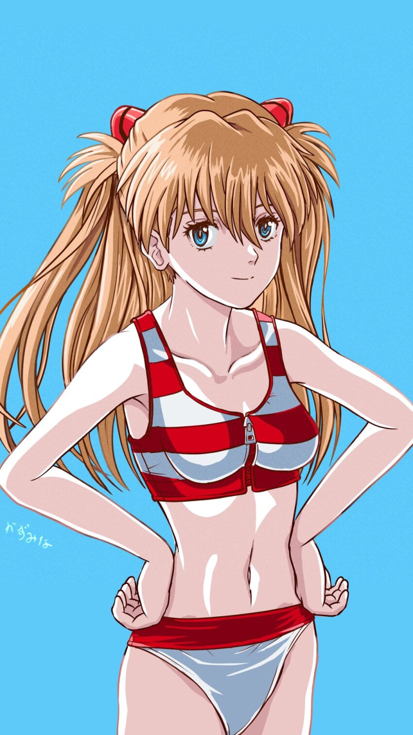 1girl bare_legs bikini blue_background blue_eyes breasts brown_hair hands_on_own_hips highres kazumina looking_at_viewer navel neon_genesis_evangelion red_bikini smile solo souryuu_asuka_langley swimsuit white_bikini