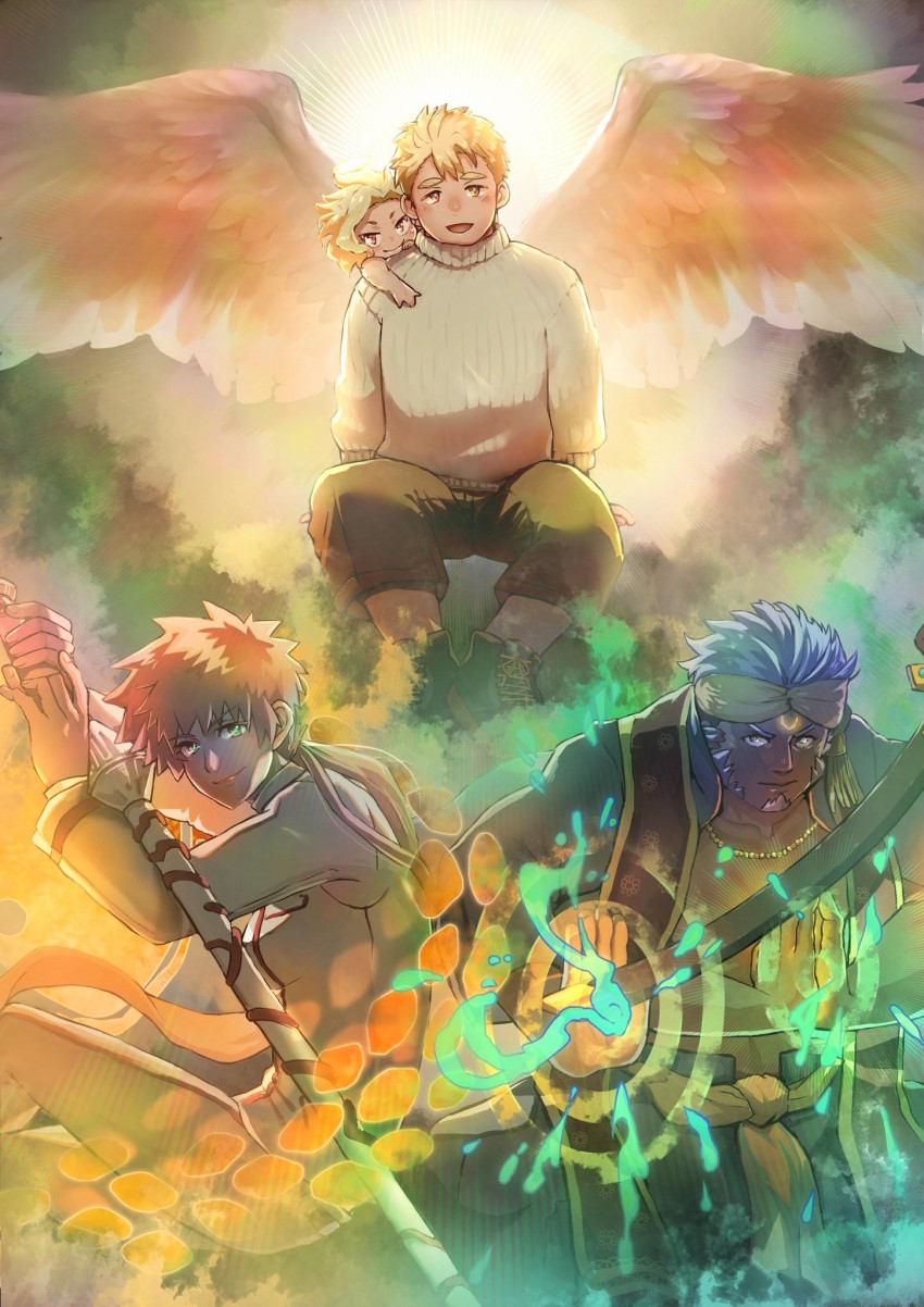 1girl 2boys :d blonde_hair brown_eyes cherub closed_mouth cupid_(housamo) feathered_wings highres kalki_(housamo) long_hair looking_at_viewer medium_hair multiple_boys muscular open_mouth pectorals puti_bisen short_hair simple_background smile sunlight tareme taromaiti_(housamo) tennouji_shin&#039;ya tokyo_houkago_summoners wings