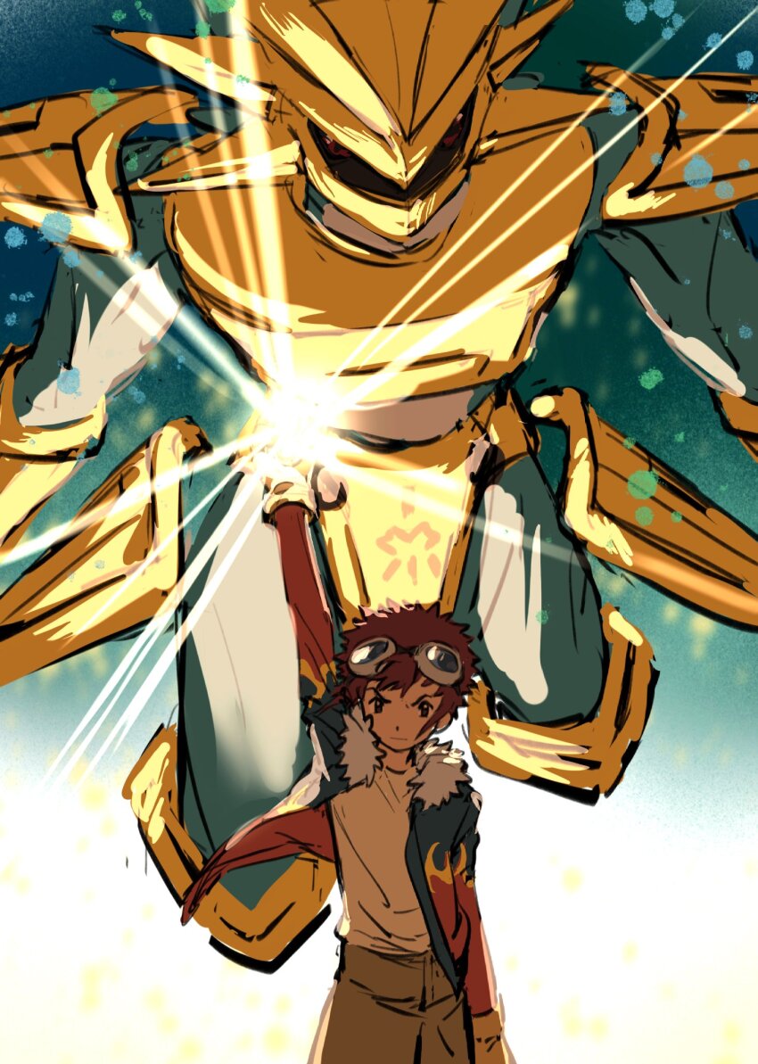 arm_up armor blue_jacket blue_skin brown_eyes brown_hair colored_skin cowboy_shot digimon digimon_(creature) digimon_adventure_02 fur-trimmed_jacket fur_trim goggles goggles_on_head gold_armor highres jacket magnamon motomiya_daisuke open_clothes open_jacket red_eyes red_jacket short_hair yue_da02ren