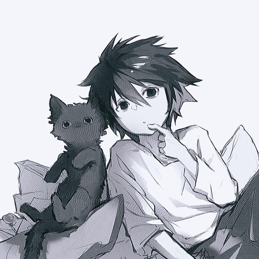 1boy aged_down animal cat chinese_commentary closed_mouth commentary_request crew_neck death_note finger_to_mouth greyscale hair_between_eyes highres l_(death_note) long_sleeves looking_ahead looking_to_the_side male_focus monochrome pants pillow shiragon shirt sideways_glance simple_background sitting solo white_background