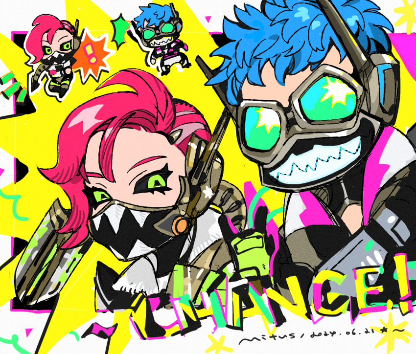 1boy 1girl alter_(apex_legends) apex_legends artist_name asymmetrical_hair black_jacket black_sclera blue_hair chibi chibi_inset chinese_commentary colored_sclera dated goggles green_eyes green_jacket hair_between_eyes highres jacket looking_at_viewer mask mechanical_tail mitus mouth_mask multiverse_marathoner_octane octane_(apex_legends) official_alternate_costume portrait red_hair short_hair sidecut sinister_speedster_alter star_(symbol) tail undercut