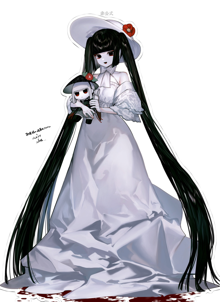 1girl absurdly_long_hair absurdres albino_(a1b1n0623) bare_shoulders black_eyes black_hair blood blunt_bangs breasts character_doll commentary_request dress fate/grand_order fate_(series) flower hat highres komahime_(exhibition_attire)_(fate) komahime_(fate) long_hair looking_at_viewer rice_hat sen_no_rikyu_(exhibition_attire)_(fate) sen_no_rikyu_(fate) small_breasts smile solo sun_hat translation_request twintails very_long_hair white_dress white_hat