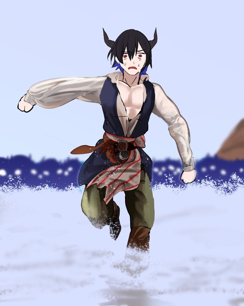 1boy absurdres beach belt black_hair black_vest brown_belt cosplay demon_horns fleeing highres hololive hololive_english horns jack_sparrow jack_sparrow_(cosplay) jailbird_(nerissa_ravencroft) koizumi_arata malphis_ravencroft_ii multicolored_hair parody partially_submerged pectoral_cleavage pectorals pirate pirates_of_the_caribbean red_eyes shirt sweat vest virtual_youtuber water white_shirt
