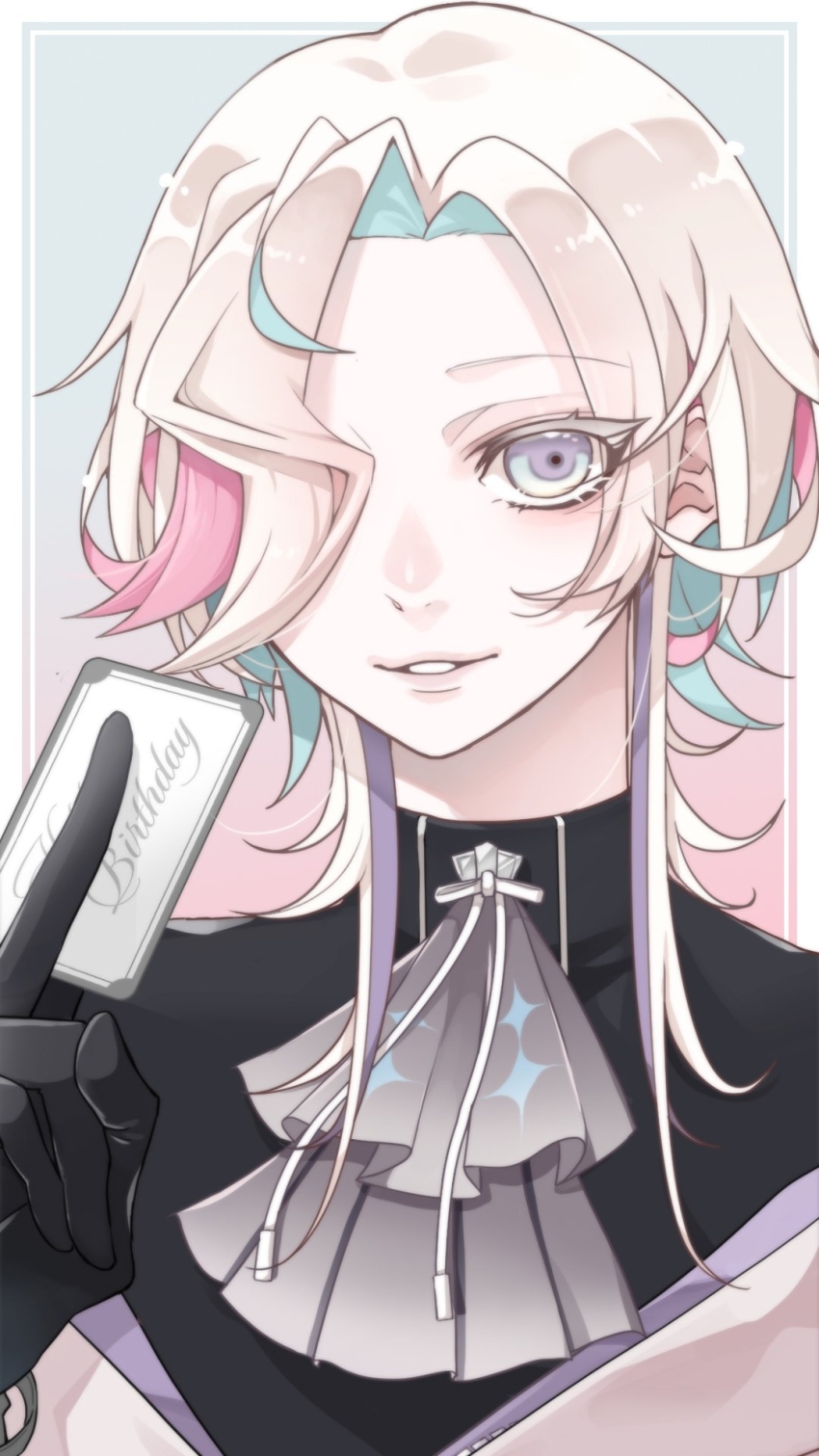 1boy aqua_hair ascot aya240609 bishounen black_gloves black_shirt blonde_hair bobby_pin colored_eyelashes curtained_hair eyelashes gloves grey_ascot grey_eyes hair_over_one_eye highres holostars looking_at_viewer male_focus medium_hair multicolored_hair off_shoulder parted_lips pink_hair portrait shirt side_part smile solo streaked_hair turtleneck utsugi_uyu utsugi_uyu_(1st_costume) virtual_youtuber