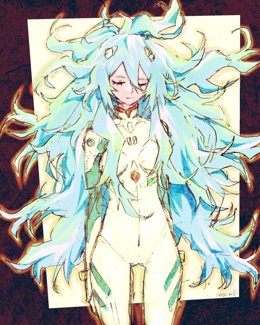 1girl :| absurdres ayanami_rei big_hair bodysuit closed_eyes closed_mouth commentary cowboy_shot english_commentary evangelion:_3.0+1.0_thrice_upon_a_time expressionless hair_between_eyes highres interface_headset_(evangelion) long_hair machipachi1901 mecha_pilot_suit neon_genesis_evangelion number_print plugsuit_(evangelion) rebuild_of_evangelion sidelocks solo very_long_hair white_bodysuit