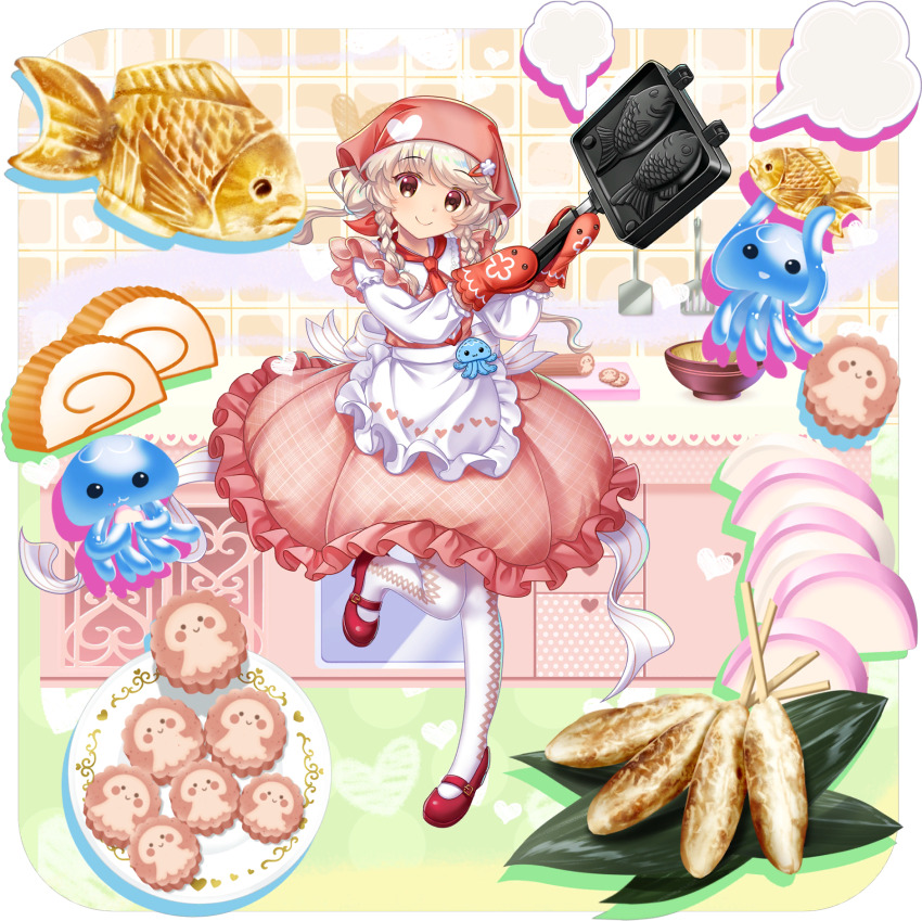 1girl alternate_costume apron back_bow bow bowl closed_mouth cutting_board ebisu_eika food food_request game_cg hair_ornament hairclip headscarf highres jellyfish leg_up long_hair long_sleeves looking_at_viewer mary_janes official_art oven_mitts pantyhose pink_headscarf pink_skirt print_apron red_shoes rotte_(1109) shirt shoes skirt smile solo spatula taiyaki third-party_source touhou touhou_lostword transparent_background waffle_maker wagashi waist_apron white_apron white_bow white_pantyhose white_shirt