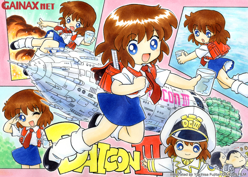 :d backpack bag blue_eyes blue_skirt daicon daicon_iii explosion fujita_yukihisa gainax holding looking_at_viewer multiple_girls necktie open_mouth randoseru red_hair school_uniform science_fiction skirt smile spacecraft