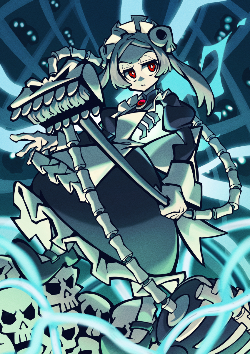 1girl absurdres apron bloody_marie_(skullgirls) blue_background bright_pupils dress energy frilled_apron frilled_dress frills grey_hair hair_ornament highres juliet_sleeves long_sleeves maid_headdress mary_janes onozawa_(buresu21) pantyhose puffy_sleeves red_eyes ribs shoes skeleton skull_hair_ornament skullgirls solo twintails vacuum_cleaner white_pupils