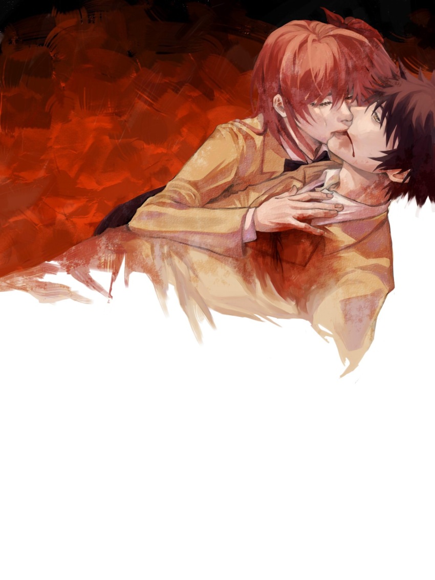 1boy 1girl an_(xxcyclotron) black_hair blazer blood blood_from_mouth blood_on_clothes brown_jacket chaos;head chinese_commentary closed_eyes collared_shirt commentary_request cropped_torso crying dying hair_ribbon half-closed_eyes hand_on_another&#039;s_chest highres injury jacket kiss lapels long_hair negative_space nishijou_takumi one_side_up pink_hair red_background red_ribbon ribbon sakihata_rimi school_uniform shirt short_hair spoilers white_background white_shirt yellow_eyes