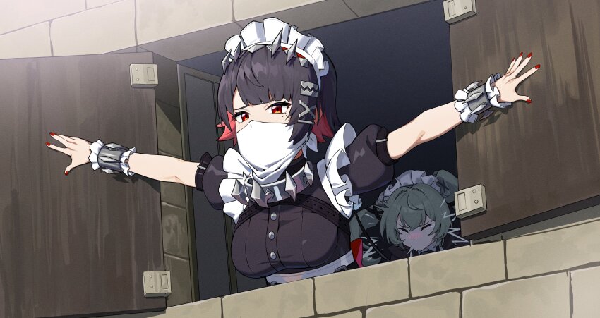 2girls absurdres bandana bandana_over_mouth black_hair breasts colored_inner_hair corin_wickes ellen_joe frilled_wrist_cuffs frills green_hair guli_(guli0572) hairband hashtag-only_commentary highres indoors large_breasts maid_headdress mask metal_hairband mole mole_under_eye mouth_mask multicolored_hair multiple_girls outstretched_arms puffy_short_sleeves puffy_sleeves red_eyes red_hair red_nails scene_reference shingeki_no_kyojin short_hair short_sleeves sneezing spiked_headband spread_arms twintails two-tone_hair upper_body white_bandana window window_shutter wrist_cuffs zenless_zone_zero