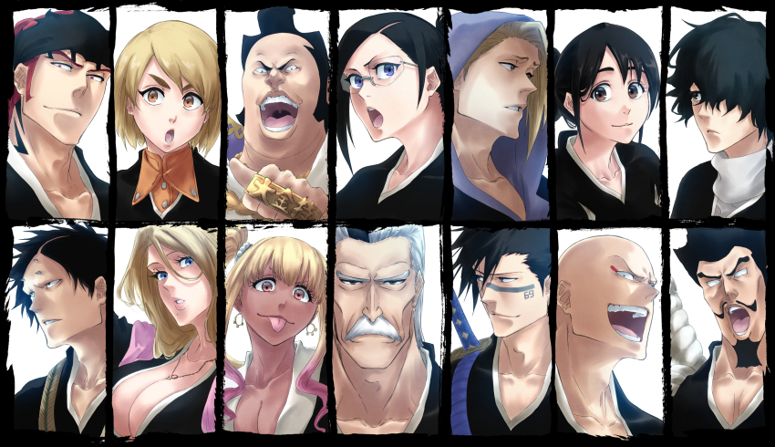 5girls 6+boys :d :o :p abarai_renji absurdres akon atau_rindou bald black_hair black_headband bleach bleach:_epilogue blonde_hair blue_eyes breasts cleavage close-up closed_mouth collarbone commentary dark-skinned_female dark_skin earrings expressionless eyebrows_hidden_by_hair eyelashes facial_hair facial_tattoo forehead_tattoo glasses gradient_hair grey_hair gyaru hair_between_eyes hair_over_one_eye hair_over_shoulder headband highres hinamori_momo hisagi_shuuhei hoop_earrings horns ise_nanao jewelry katana kira_izuru kotetsu_kiyone kotsubaki_sentarou large_breasts lips long_hair looking_afar looking_at_viewer lower_teeth_only madarame_ikkaku matsumoto_rangiku mitarashi_(5333069) mole mole_under_mouth multicolored_hair multiple_boys multiple_girls mustache neck_tattoo necklace nose okikiba_genshiroo old old_man one_eye_covered oomaeda_marechiyo open_mouth parted_lips pink_hair ponytail red_hair short_hair siblings side_ponytail sidelocks simple_background sisters smile spiked_hair spoilers swept_bangs sword tan tareme tattoo teeth thick_eyebrows tongue tongue_out tsurime v-shaped_eyebrows weapon white_background wide-eyed yayahara_yuyu
