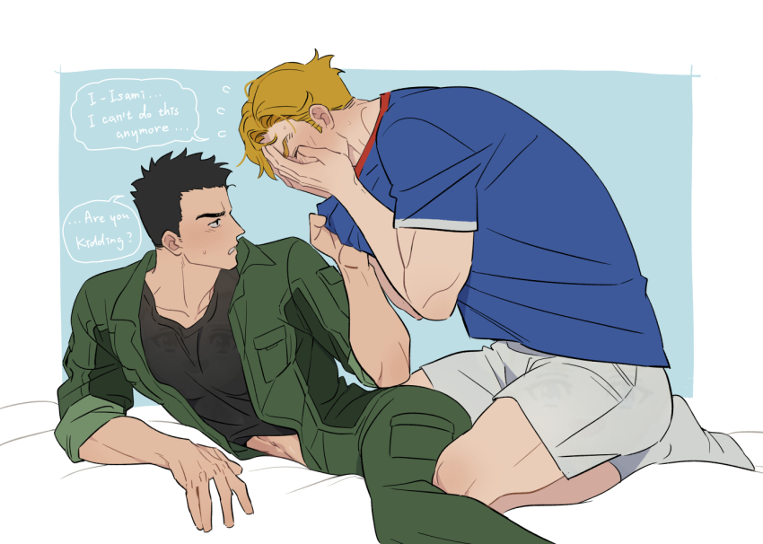2boys ao_isami black_hair black_shirt blonde_hair clothes_grab covering_face hands_on_own_face lewis_smith male_focus multiple_boys shirt shirt_grab short_hair shorts sleeves_rolled_up socks speech_bubble yaoi yuka113_u3u yuuki_bakuhatsu_bang_bravern