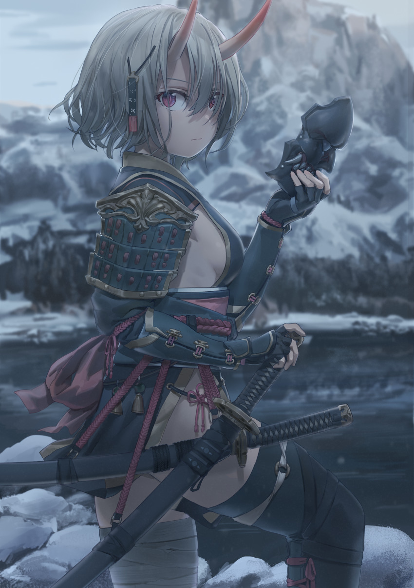 1girl absurdres armor bandaged_leg bandages black_gloves black_thighhighs breasts closed_mouth elbow_gloves fingerless_gloves free_style_(yohan1754) from_side gloves grey_hair hair_between_eyes hair_ornament highres holding holding_mask horns japanese_armor japanese_clothes katana looking_at_viewer mask mixed-language_commentary mountain oni oni_horns original outdoors red_eyes red_horns rock short_hair shoulder_armor sideboob snow sode solo sword thighhighs water weapon