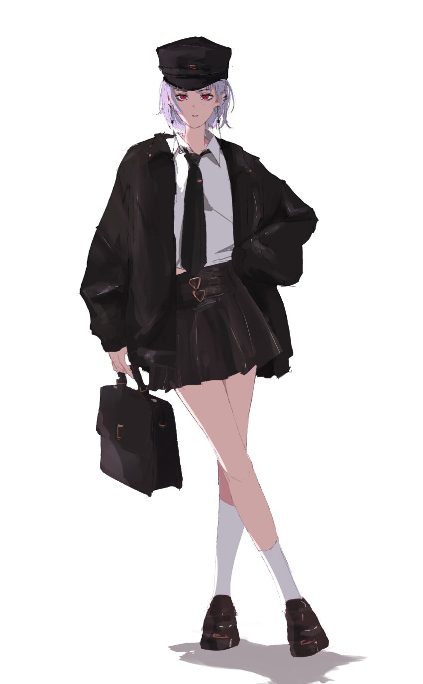 absurdres bag black_hat black_jacket black_skirt chainsaw_man earrings fami_(chainsaw_man) handbag hat highres holding jacket jewelry kumah_dessu medium_hair necktie purple_hair red_eyes skirt socks tassel tassel_earrings white_background white_socks