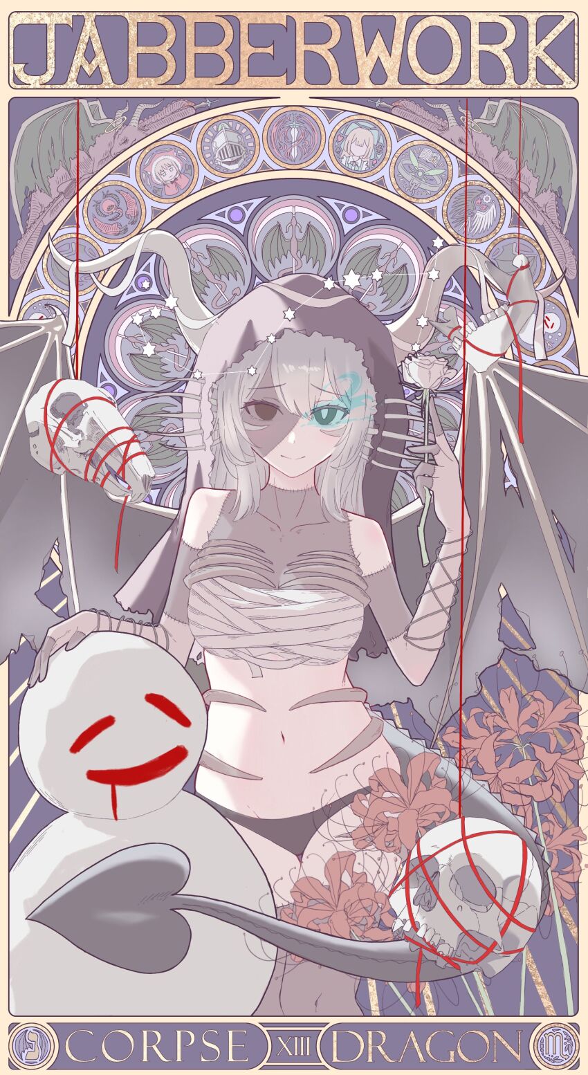 1girl absurdres alice_(black_souls) animal_skull bandaged_chest bandages black_eyes black_panties black_souls black_souls_2 black_tail black_wings breasts bright_pupils character_name chinese_commentary chxulozsx cleavage closed_mouth collarbone colored_skin commentary_request death_(tarot) dragon_girl dragon_horns dragon_tail dragon_wings feet_out_of_frame flower glowing glowing_eye grey_hair grimm_(black_souls) hand_up highres holding holding_flower horns jabberwock_(black_souls) long_hair looking_at_viewer medium_breasts mismatched_pupils multicolored_skin navel panties patchwork_skin red_flower red_hood_(black_souls) rose scorpio_(symbol) scorpius_(constellation) skull smile solo spider_lily stitched_arm stitched_face stitched_fingers stitched_leg stitched_torso stitches stomach string tail tarot torn_wings two-tone_skin underwear white_flower white_pupils white_rose wings zombie zombie_dragon