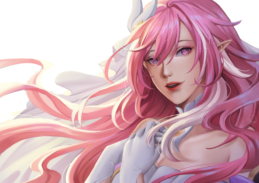 1girl absurdres artist_name breasts commentary corset diamond-shaped_pupils diamond_(shape) elf elysia_(herrscher_of_human:_ego)_(honkai_impact) elysia_(honkai_impact) english_commentary gloves highres honkai_(series) honkai_impact_3rd kokotuo lips long_hair looking_at_viewer open_mouth pink_hair pointy_ears purple_eyes simple_background solo symbol-shaped_pupils upper_body veil very_long_hair white_background white_corset white_gloves white_veil