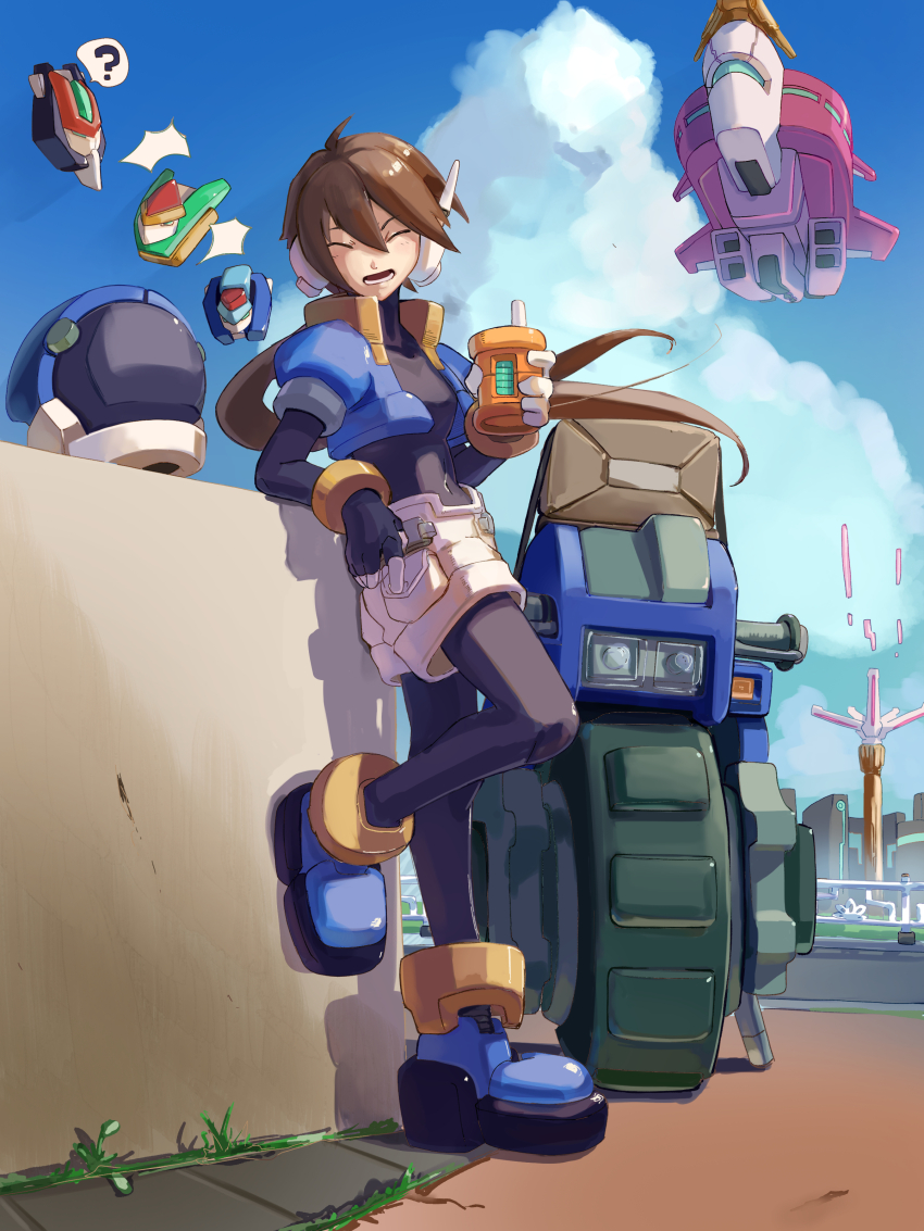 1boy 1girl ? absurdres aile_(mega_man_zx) aircraft biometal black_bodysuit blue_footwear blue_jacket blue_sky bodysuit bodysuit_under_clothes brown_hair can closed_eyes cloud cropped_jacket full_body helmet highres holding holding_can jacket long_hair mega_man_(series) mega_man_zx mega_man_zx_advent model_h_(mega_man) model_x_(mega_man) model_z_(mega_man) motor_vehicle motorcycle omochi_(mochi_skymega) open_clothes open_jacket open_mouth outdoors ponytail robot_ears short_hair shorts sky solo_focus speech_bubble spoken_question_mark white_shorts