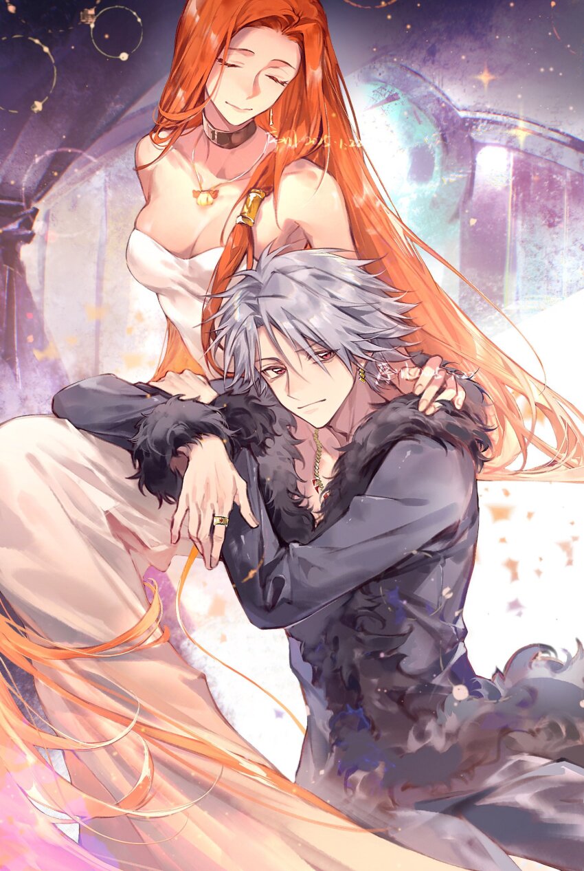 1boy 1girl bare_shoulders black_choker black_coat black_pants breasts choker cleavage closed_eyes closed_mouth coat dress earrings elbow_rest eyelashes fur-trimmed_coat fur-trimmed_sleeves fur_trim gaito_(mermaid_melody_pichi_pichi_pitch) grey_hair hair_tubes hand_on_another&#039;s_shoulder hand_on_own_arm highres jewelry leaning_on_person long_hair long_sleeves looking_at_viewer mermaid_melody_pichi_pichi_pitch necklace orange_hair pants parted_bangs parted_hair red_eyes ring sara_(mermaid_melody_pichi_pichi_pitch) shell shell_necklace short_hair sitting strapless strapless_dress white_dress xuchuan