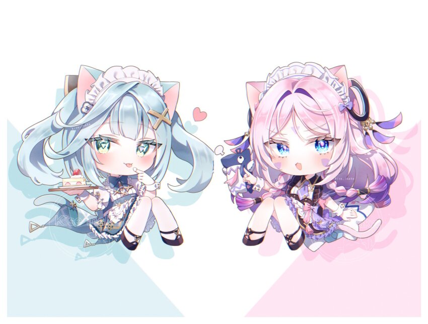 2girls :p alternate_costume animal_ears apron aqua_hair blue_bow blue_bowtie blue_dress blush bow bowtie braid cake cat_ears cat_tail chibi chibi_only citlali_(genshin_impact) citlalin_(genshin_impact) closed_mouth commentary_request dress enmaided facial_mark faruzan_(genshin_cafe_in_seoul)_(genshin_impact) faruzan_(genshin_impact) floating_headgear food food_on_hand forehead_mark frilled_apron frilled_hairband frills genshin_impact green_eyes hair_ornament hairband headgear highres holding holding_cake holding_food holding_tray itzpapa_(genshin_impact) kemonomimi_mode kise_inaka long_hair looking_at_viewer maid maid_headdress multicolored_hair multiple_girls necktie official_alternate_costume open_mouth pink_hair purple_dress purple_hair purple_necktie symbol-shaped_pupils tail tongue tongue_out tray triangle triangle-shaped_pupils triangle_facial_mark twin_braids twintails twitter_username very_long_hair white_apron white_hairband white_wrist_cuffs wrist_cuffs x_hair_ornament