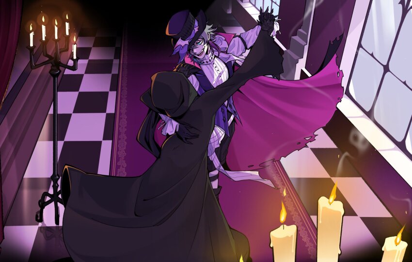 1boy 1other arm_up black_cape black_gloves black_pants blue_eyes blue_hair candle candlestand cape carpet checkered_floor cloak gavis_bettel gigglepox gloves grey_hair hand_on_another&#039;s_back hat highres holding_hands holostars holostars_english hood hood_up hooded_cloak indoors interlocked_fingers lace lace_gloves multicolored_hair pants pink_cape pink_hair protected_link purple_hat purple_vest shirt short_hair smile teeth torn_cape torn_clothes two-sided_cape two-sided_fabric vest white_shirt window