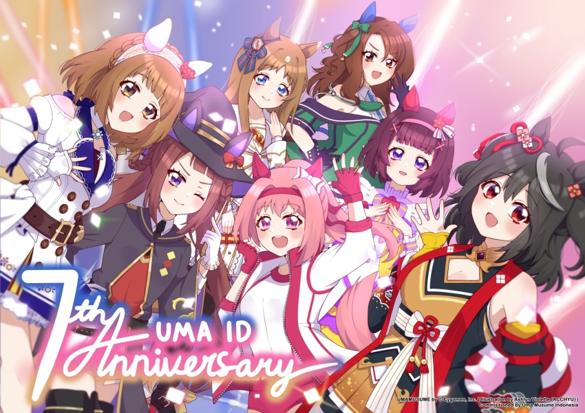 6+girls acchyuu black_hair brown_hair detached_sleeves dress ear_covers fingerless_gloves gloves grass_wonder_(umamusume) green_dress haru_urara_(umamusume) hat highres horse_girl king_halo_(umamusume) kitasan_black_(umamusume) looking_at_viewer multiple_girls nishino_flower_(umamusume) pink_gloves pink_hair purple_eyes red_eyes smile sweep_tosho_(umamusume) umamusume witch_hat yukino_bijin_(umamusume)