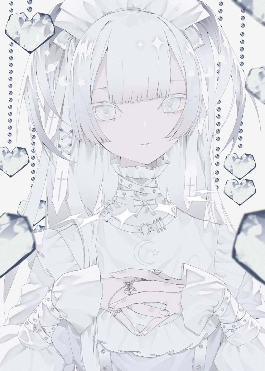 1girl absurdres crescent_moon cross_in_eye dress hair_ornament highres interlocked_fingers jewelry kotarou_(kot_mochi) long_hair long_sleeves looking_at_viewer maid_headdress moon original pale_skin parted_lips ring smile solo star_(symbol) turtleneck turtleneck_dress upper_body white_background white_dress white_eyes white_hair white_nails white_theme x_hair_ornament