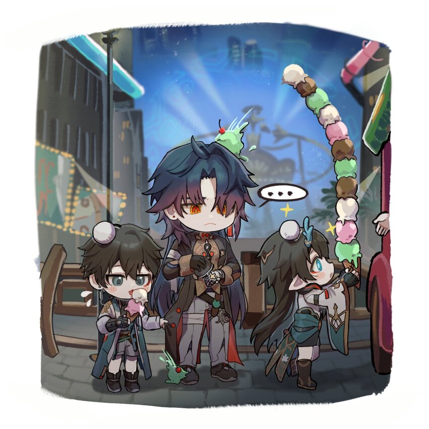 ... 1other 3boys :&lt; :o :p aged_down ahoge aqua_eyes aqua_horns aqua_sash bandaged_arm bandaged_hand bandaged_leg bandages bandages_over_clothes belt black_footwear black_gloves black_hair black_jacket black_shirt blade_(honkai:_star_rail) blue_hair blush blush_stickers boots border bright_pupils brown_belt building cherry chinese_clothes closed_mouth coat coin_purse commentary_request dan_heng_(honkai:_star_rail) dan_heng_(hunt)_(honkai:_star_rail) dan_heng_(imbibitor_lunae)_(honkai:_star_rail) multiple_scoops dragon_horns dual_persona earrings eyeliner fingerless_gloves flying_sweatdrops food food_on_head frown fruit gloves gold_trim gradient_hair green_eyes grey_pants grey_shorts hair_between_eyes hair_intakes hand_up hands_up highres holding holding_food holding_ice_cream holding_ice_cream_cone honkai:_star_rail honkai_(series) horns ice_cream ice_cream_cone ice_cream_cone_spill jacket jewelry jitome kkong_x korean_commentary lamppost licking long_hair long_sleeves makeup male_focus mismatched_earrings multicolored_hair multiple_boys night object_on_head open_clothes open_coat outdoors pants parted_bangs pointy_ears railing red_eyeliner red_eyes red_hair sash shirt shoes short_hair shorts single_glove sparkle speech_bubble spoken_ellipsis standing statue stone_floor tongue tongue_out too_many too_many_scoops tree very_long_hair white_border white_coat white_pupils wide_sleeves wooden_railing