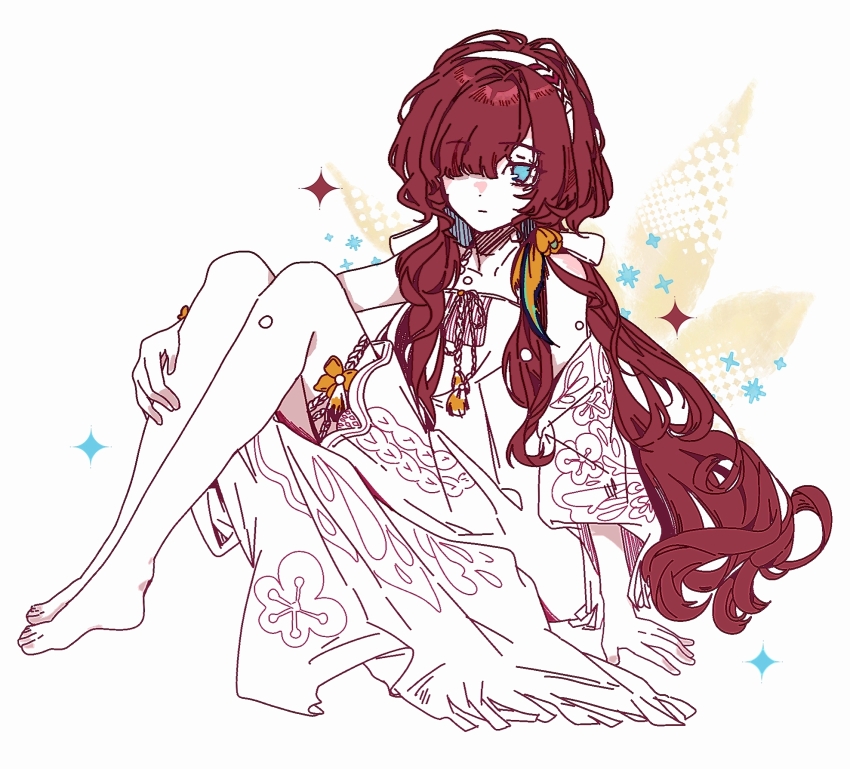 1girl arm_support barefoot blue_eyes bow capelet dress flat_color full_body hair_bow hair_over_one_eye hairband hand_on_own_leg highres knees_up long_hair looking_at_viewer low_twintails official_alternate_costume one_eye_covered partially_colored red_hair reverse:1999 short_dress sitting sleeveless sleeveless_dress solo sparkle twintails very_long_hair white_background yellow_bow yenisei_(around_the_riverbend)_(reverse:1999) yenisei_(reverse:1999) zaixian_zuomeng
