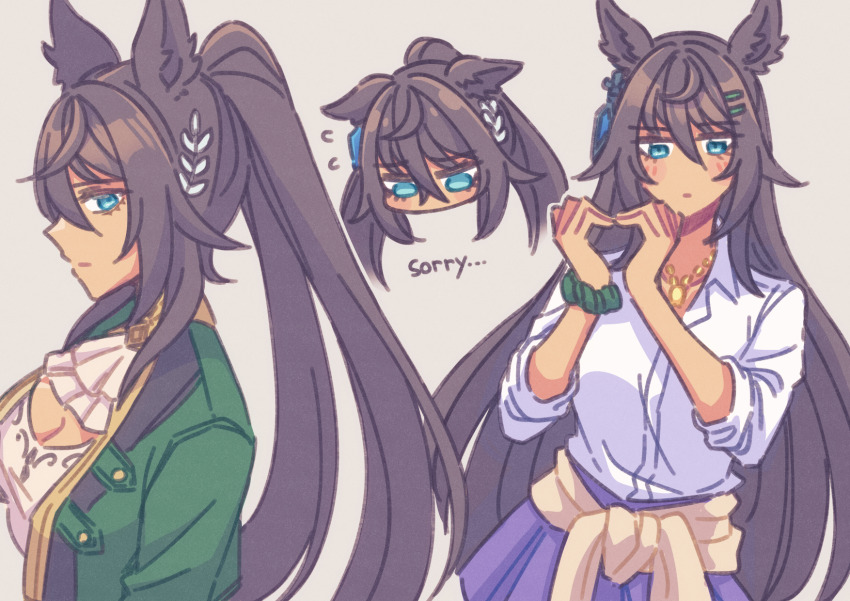 ... 1girl akamirai animal_ears ascot bandeau black_hair blue_eyes blush clothes_around_waist commentary_request cowboy_shot ears_down english_text from_side green_jacket green_scrunchie grey_background hair_ornament hairclip highres horse_ears horse_girl horse_tail jacket jewelry long_hair long_sleeves looking_at_viewer multiple_views necklace open_clothes open_jacket ponytail purple_skirt scrunchie shirt simple_background skirt sleeves_rolled_up sweater sweater_around_waist symboli_kris_s_(umamusume) tail umamusume very_long_hair white_ascot white_bandeau white_shirt wrist_scrunchie