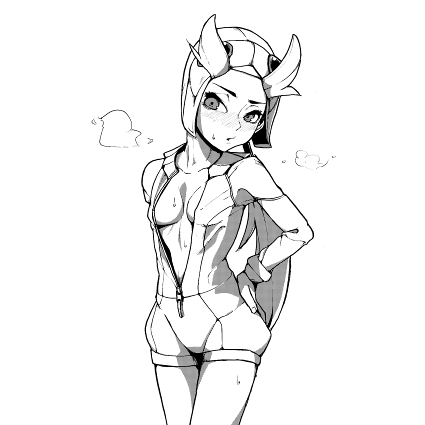 1girl 2049_(hh5566) blush breasts collarbone eyewear_on_headwear female_focus fingernails gloves hair_through_headwear hands_on_own_hips head_tilt helmet highres hot long_hair long_sleeves looking_at_viewer low_ponytail medium_breasts navel_peek nintendo no_bra open_clothes pantyhose parted_lips pilot_helmet pokemon pokemon_oras ponytail screentones simple_background standing sweat thighs unitard unworn_gloves unworn_pantyhose white_background winona_(pokemon) zipper_pull_tab