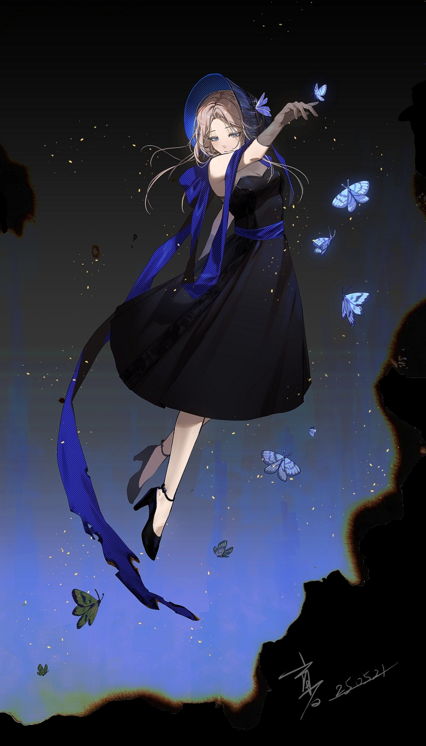 1girl absurdres artist_name black_dress black_shoes blue_background blue_eyes blue_hat bonnet breasts bug dated dress full_body gloves grey_gloves grey_hair hand_up hat high_heels highres insect long_dress looking_at_viewer medium_breasts moth moth_on_hand ms._grace_(reverse:1999) oroolcicely reverse:1999 see-through_cleavage see-through_clothes shoes signature sleeveless sleeveless_dress solo