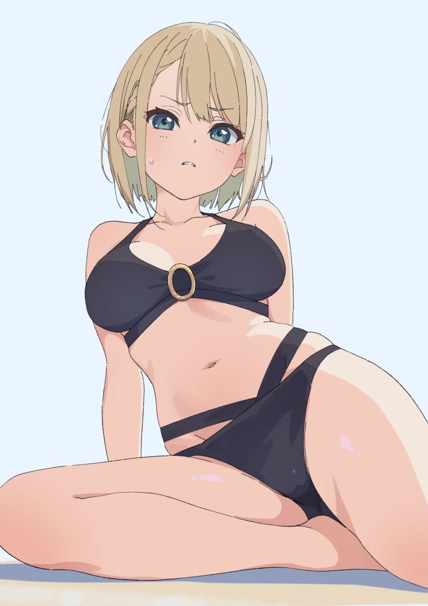 1girl 22/7 annoyed asymmetrical_bangs bikini black_bikini blonde_hair collarbone foot_out_of_frame furumoto green_eyes groin highres long_hair navel no_hair_ornament official_alternate_costume parted_lips saito_nicole short_hair sitting solo sweatdrop swimsuit white_background yokozuwari