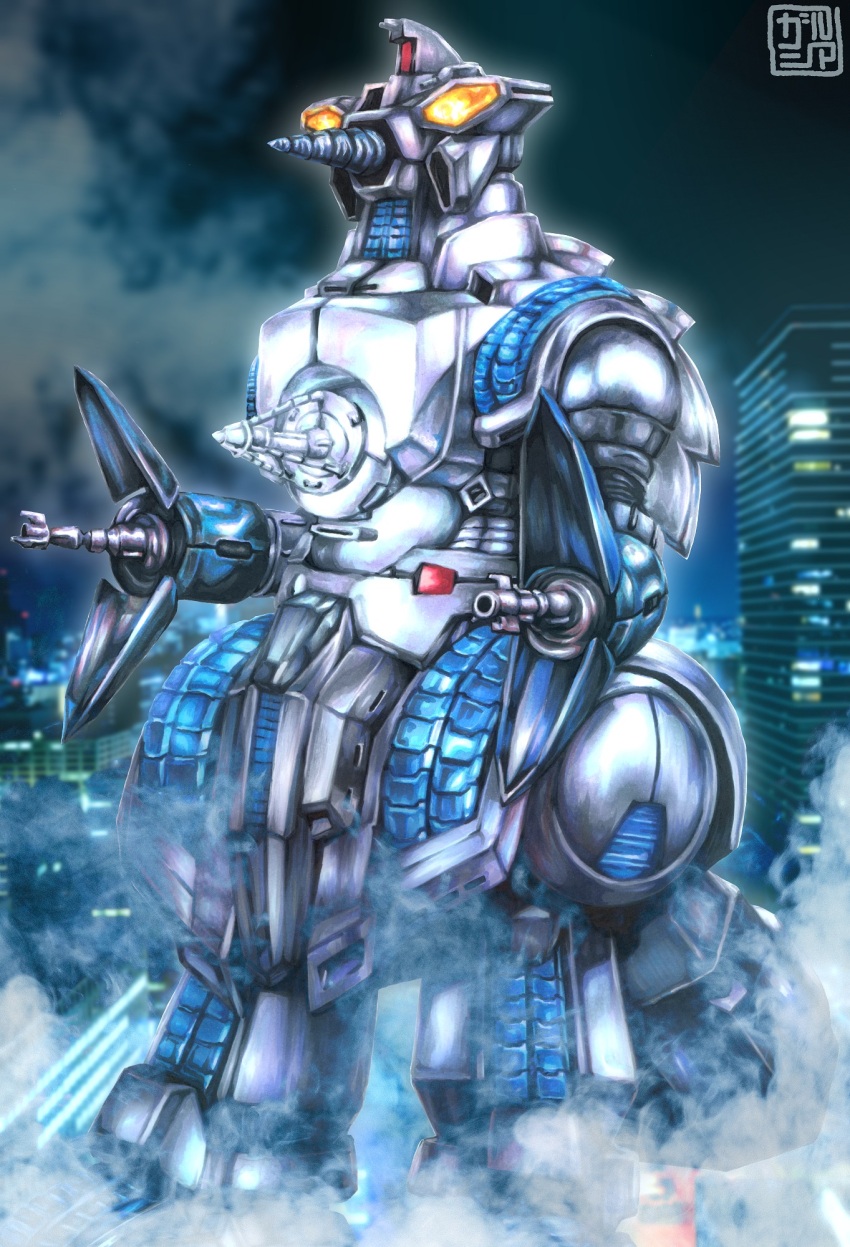 building cannon chest_cannon city directed-energy_weapon drill energy_cannon energy_weapon full_body glowing glowing_eyes godzilla_(series) godzilla_vs._spacegodzilla highres kaiju levanshousa913 maser_cannon mecha military missile moguera night plasma_cannon plasma_maser_cannon robot rocket_drill skyscraper spiral_grenade_missile toho weapon yellow_eyes