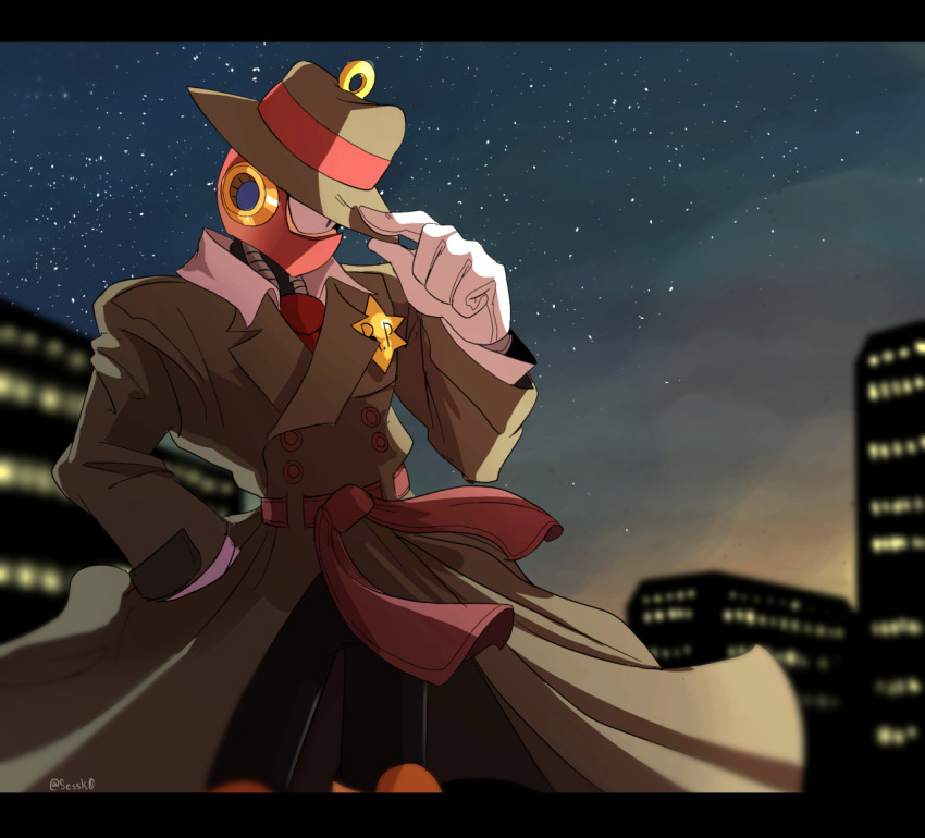 1boy alternate_costume belt belted_coat brown_coat brown_hat building coat commentary detective dusk english_commentary fedora gloves hand_in_pocket hat hat_tip helmet hexagram humanoid_robot industrial_pipe lapels looking_ahead male_focus mega_man_(classic) mega_man_(series) mega_man_4 mega_man_megamix necktie notched_lapels outdoors police_badge profile red_belt red_helmet red_necktie ring_man robot robot_ears sessk0 shirt solo standing star_(sky) trench_coat tumblr_username white_gloves white_shirt