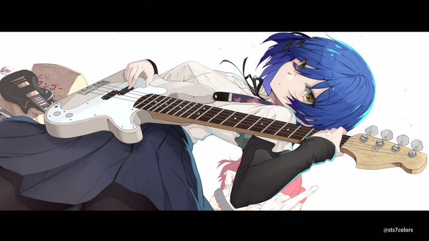 3girls bad_id bad_pixiv_id bass_guitar black_skirt blue_hair bocchi_the_rock! gotoh_hitori highres instrument kita_ikuyo mole mole_under_eye multiple_girls music playing_instrument school_uniform shirt short_hair skirt sts white_shirt yamada_ryo yellow_eyes