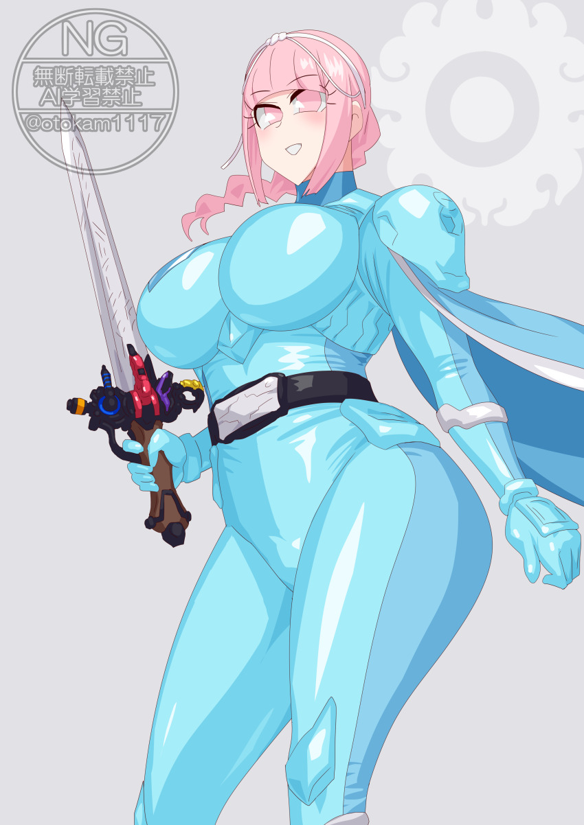 1girl armored_bodysuit bakuage_sentai_boonboomger bodysuit holding holding_weapon nicola_keydoor no_headwear ohsama_sentai_king-ohger otokamu pink_eyes pink_hair super_sentai sword weapon