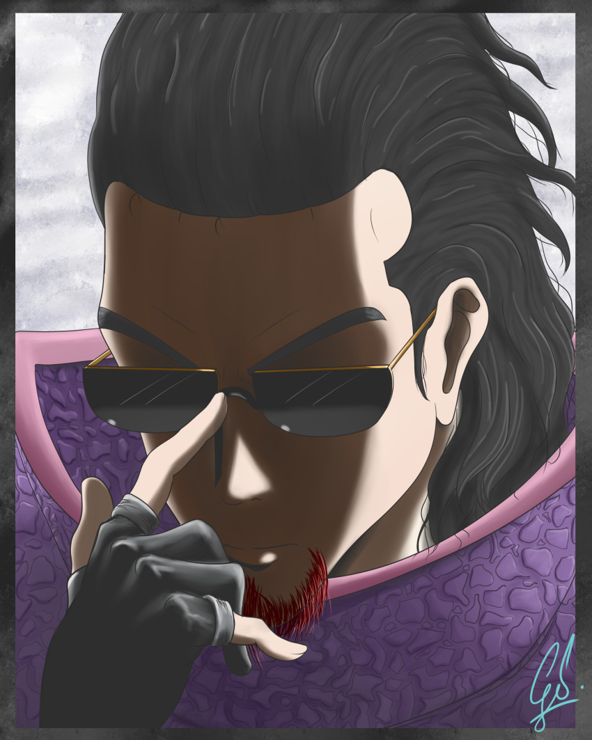 1boy absurdres beard black_hair chameleos chameleos_(armor) close-up facial_hair fenrir gado_soulsilver gloves highres hunter male_focus monster_hunter_(series) original red_hair solo sunglasses white_background