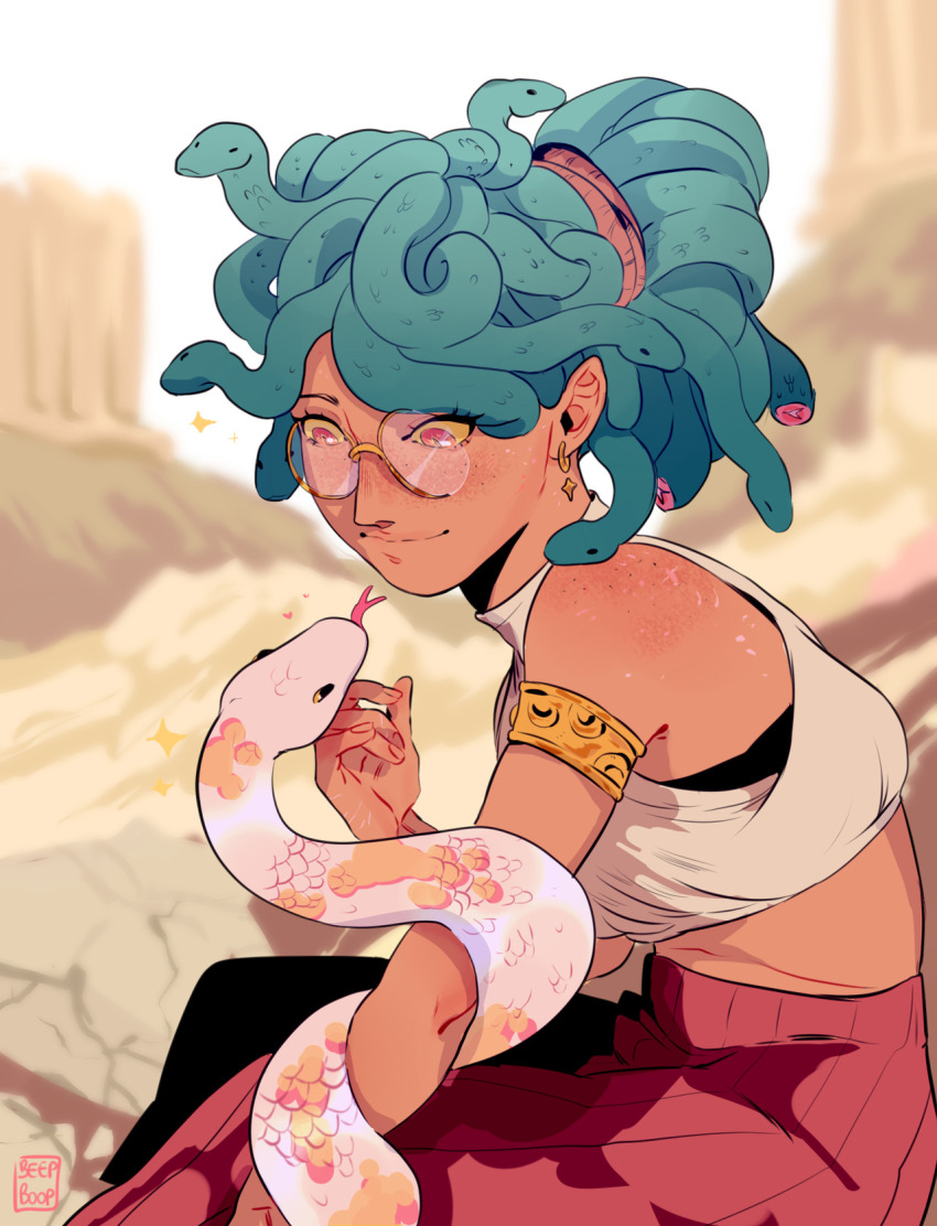 1girl beebeedibapbeediboop crop_top glasses greek_mythology highres looking_at_another medusa_(mythology) monster_girl original slit_pupils snake snake_hair snake_wrapped_around_arm solo