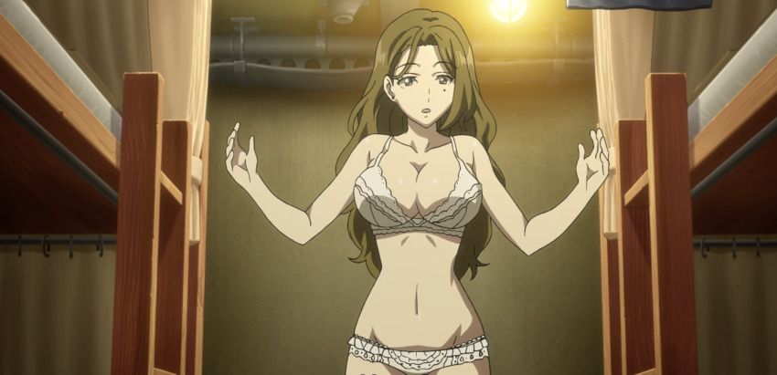 1girl absurdres anime_screenshot bed blonde_hair bra breasts brown_eyes bunk_bed curtains highres hip_focus kouya_no_kotobuki_hikoutai lace lace-trimmed_bra lace-trimmed_panties lace_trim large_breasts lingerie long_hair midriff mole mole_under_eye navel outstretched_arms panties spread_arms surprised underwear underwear_only zara_(kouya_no_kotobuki_hikoutai)
