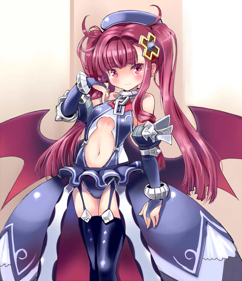 ajitarou_(setsu) alternate_costume alucard_lore bat_wings black_thighhighs blush bodysuit embarrassed emil_chronicle_online garter_straps hair_ornament hand_guard hat highres long_hair midriff navel red_eyes red_hair red_wings tearing_up thighhighs twintails vampire wings