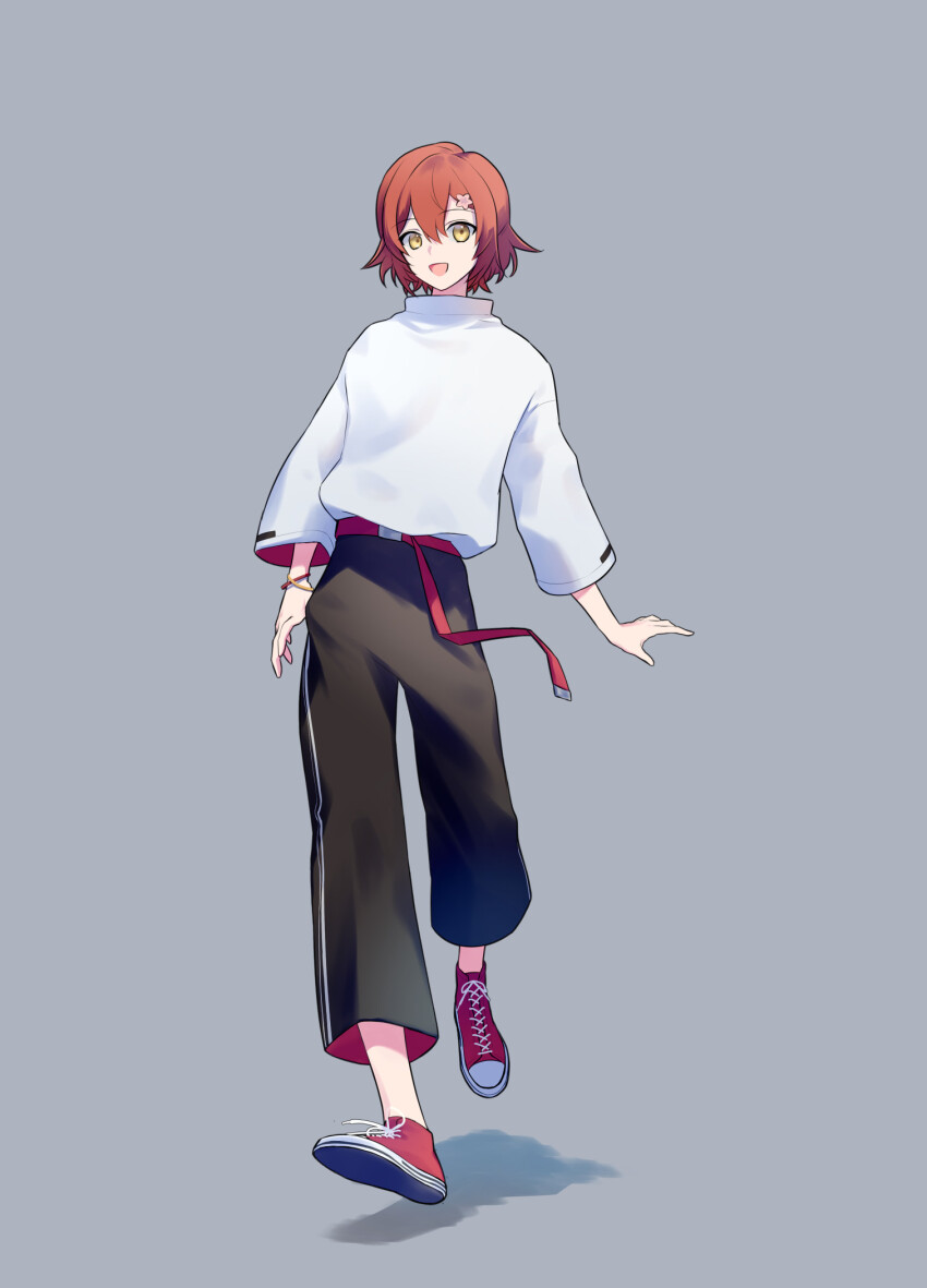 1boy :d alternate_costume belt black_pants bracelet casual flower full_body grey_background hair_between_eyes hair_flower hair_ornament hairclip hanasaki_miyabi highres holostars jewelry long_sleeves looking_at_viewer luma8b male_focus open_mouth pants red_belt red_hair red_shoes shadow shirt shoes short_hair simple_background smile sneakers solo virtual_youtuber white_shirt yellow_eyes