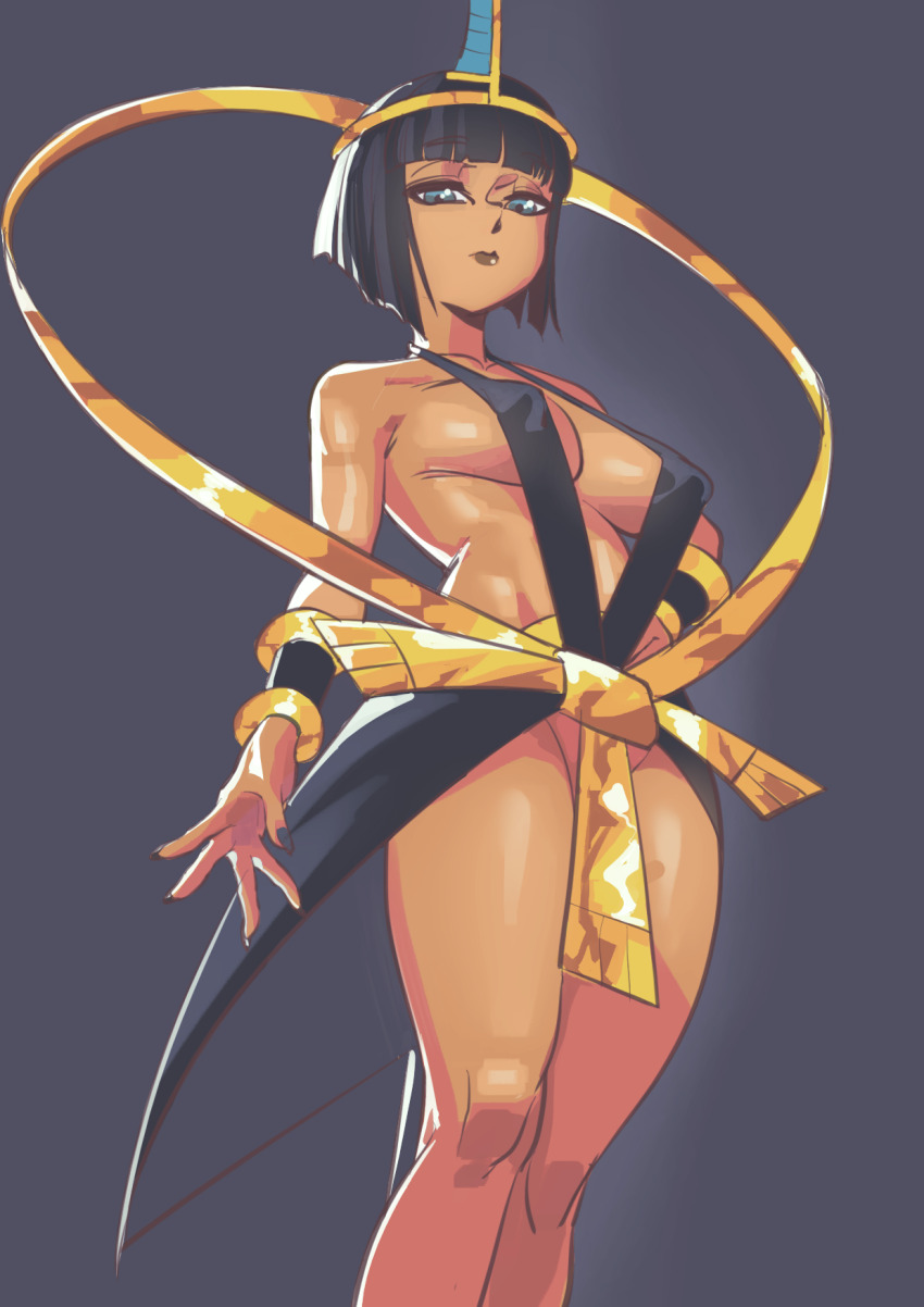 1girl black_hair blue_background blue_eyes bob_cut breasts brown_lips covered_erect_nipples cowboy_shot dark-skinned_female dark_skin eliza_(skullgirls) hand_on_own_hip highres idarasen large_breasts lipstick looking_at_viewer makeup ribbon short_hair skullgirls solo tiara vambraces