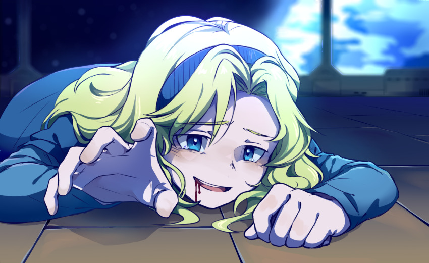 1girl anah_41 blonde_hair blood blood_on_face blue_eyes blue_hairband dying earth_(planet) hairband highres looking_at_viewer maria_robotnik on_floor planet reaching reaching_towards_viewer sad_smile scene_reference solo sonic_(series) sonic_x space_colony_ark tearing_up