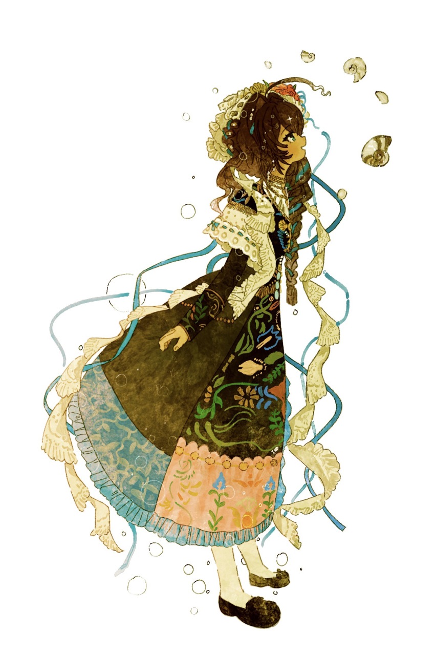 1girl :d ahoge black_dress black_shoes blue_eyes brown_hair dress fatutu floral_print floral_print_dress frilled_dress frilled_hairband frills full_body hairband highres leaning_forward long_braid long_dress long_hair looking_up official_alternate_costume open_mouth pengpeng_xiao_niao_774 print_dress reverse:1999 shell shoes smile snail_shell socks solo standing white_hairband white_socks