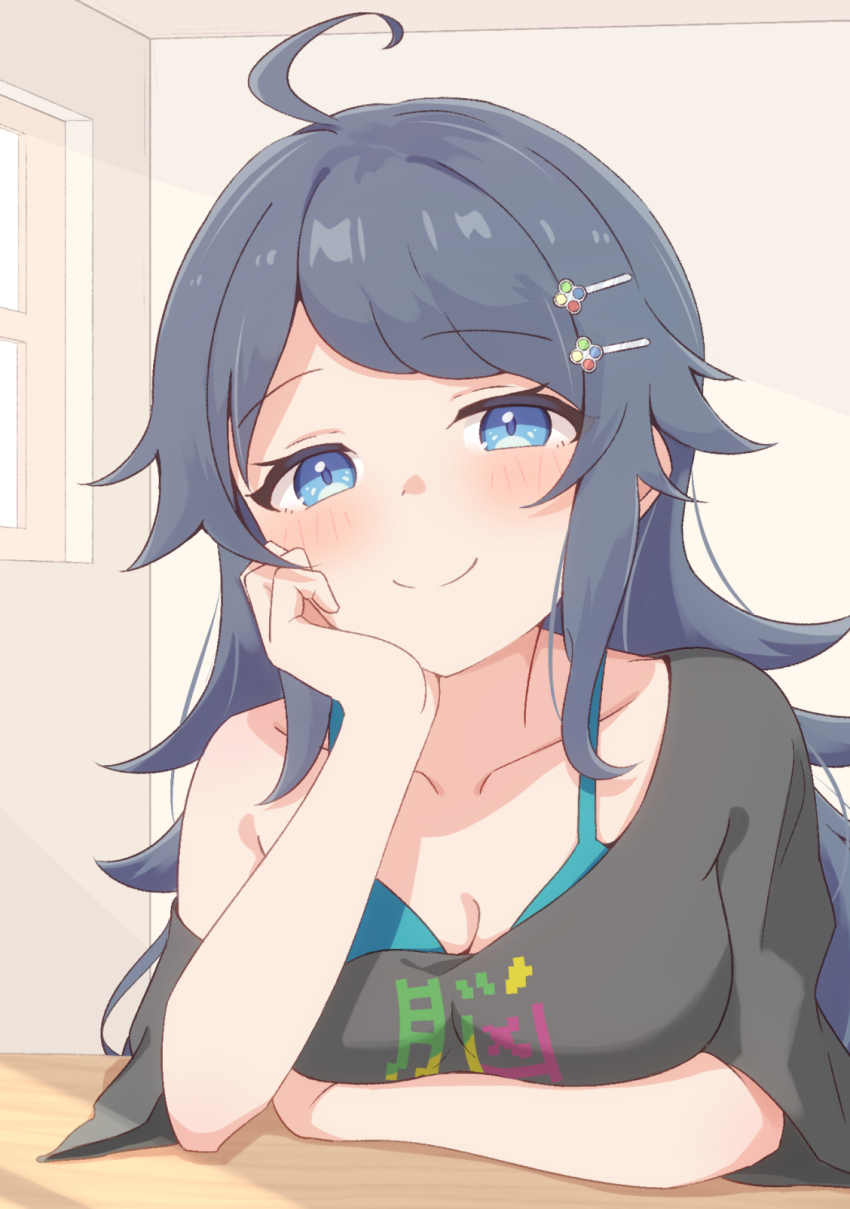 1girl ahoge blue_eyes blue_hair blush breasts cleavage closed_mouth collarbone hair_ornament hairclip hand_on_own_cheek hand_on_own_face highres indoors inohara_koboshi long_hair looking_at_viewer nemsist ongeki shirt smile solo