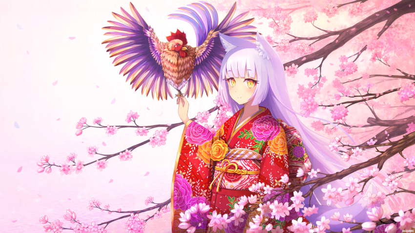 1girl animal_ears bird blunt_bangs cherry cherry_blossoms chicken female_focus floral_print flower food fox_ears fox_tail fruit highres japanese_clothes kimono light_purple_hair long_hair looking_at_viewer nengajou new_year obi original petals rizihike rooster sash smile solo tail very_long_hair wide_sleeves yellow_eyes yukata